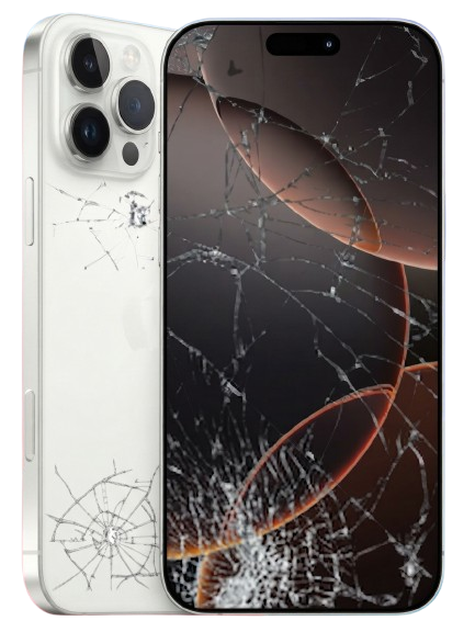 A white smartphone shown from the back and front, with severe cracked glass across both the rear panel and the screen. The phone is isolated on a plain white background.
