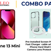 iPhone 13 Mini in red color with a combo pack including a pre-installed screen protector, a fast charger cable with a cube, a phone hard shell case, and a camera lens protector.