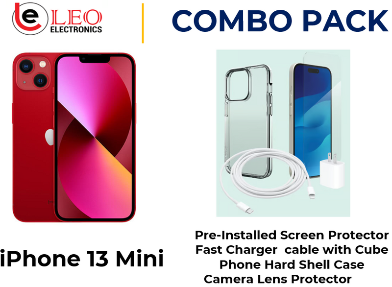 iPhone 13 Mini in red color with a combo pack including a pre-installed screen protector, a fast charger cable with a cube, a phone hard shell case, and a camera lens protector.
