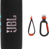Black JBL speaker with carrying strap and carabiner on a white background