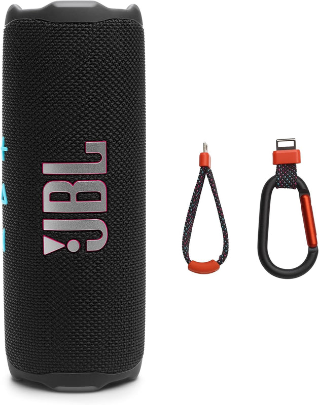 Black JBL speaker with carrying strap and carabiner on a white background
