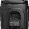 Close-up of the rear panel of JBL PartyBox 130, showing the input ports, power switch, and the JBL branding on the battery compartment.