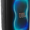 Black JBL portable speaker with blue LED lights on a white background