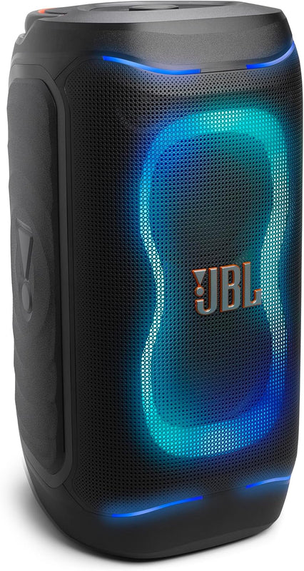 Black JBL portable speaker with blue LED lights on a white background