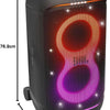 Portable speaker with JBL logo and dimensions displayed