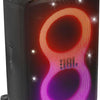 Portable party speaker with JBL logo and colorful lighting