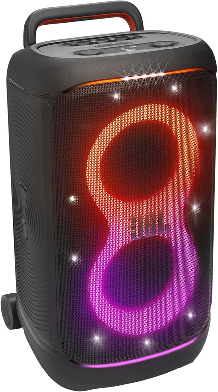 Portable party speaker with JBL logo and colorful lighting