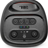 JBL portable Bluetooth speaker in black, featuring a textured outer shell, a top handle, and a front control panel with knobs and buttons.