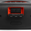 JBL portable Bluetooth speaker in black with a bright orange accent around the battery compartment
