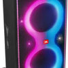 A tall, vertical, portable JBL PartyBox 710 speaker with colorful illuminated light patterns on the front. The speaker appears to be black with a handle on top and robust wheels at the bottom for mobility.