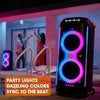 A tall, vertical, portable JBL PartyBox 710 speaker with colorful illuminated light patterns on the front. The speaker appears to be black with a handle on top and robust wheels at the bottom for mobility.