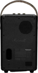 ​Marshall Tufton portable speaker with a rugged build, textured black finish, and gold-tone control knobs on the top panel.