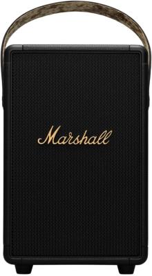 ​Marshall Tufton portable speaker with a rugged build, textured black finish, and gold-tone control knobs on the top panel.
