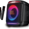 A JBL portable speaker in black with a glowing multicolor LED ring.