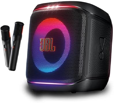 A JBL portable speaker in black with a glowing multicolor LED ring.