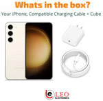 Samsung Galaxy S23 Plus cream color with charging cable and cube
