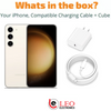 Samsung Galaxy S23 Plus cream color with charging cable and cube
